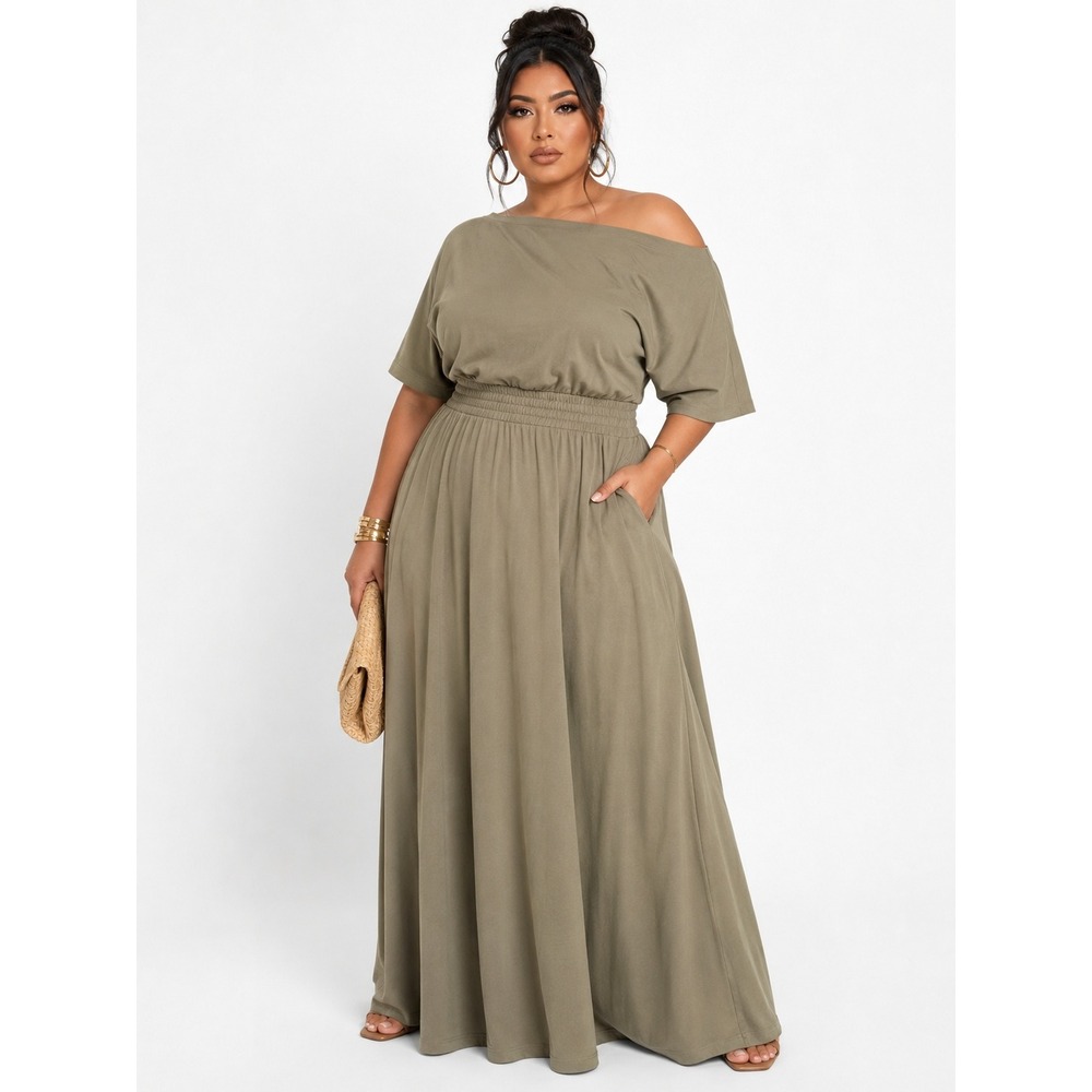 Eloquii Womens Plus Size 24 Smocked Waist Asymmetrical Neck A-Line Dress